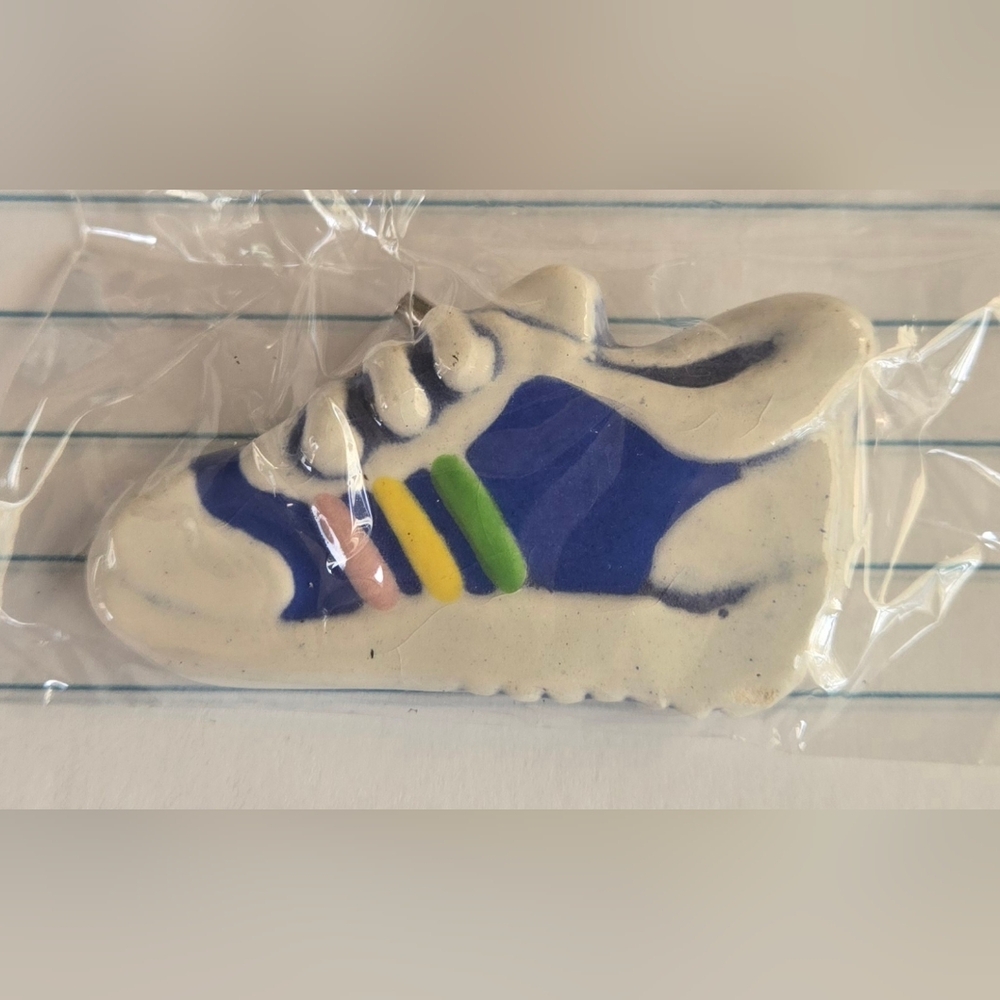 Vintage Sneaker Pin Ceramic Retro Tennis Shoe Brooch Blue Yellow Green Stripes